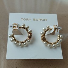 Tory Burch Gold Tone Hoop Earrings Pearl Accents Round White Fashion