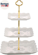 3 Tier Porcelain Cupcake Stand, Tiered Serving Cake Stand, Square White Embossed