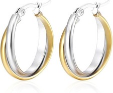 Two Tone Earrings for Women Gold and Silver Earrings Polished Chunky Huggie Hoop
