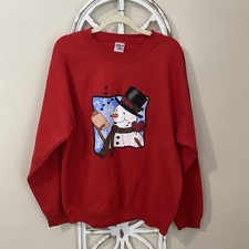 Vintage Snowman Caroling Gildan Red Sweatshirt Size Large Christmas