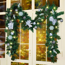 9 FT LED Christmas Garland with Berries Bows Christmas Balls, Pre-Lit Artificial