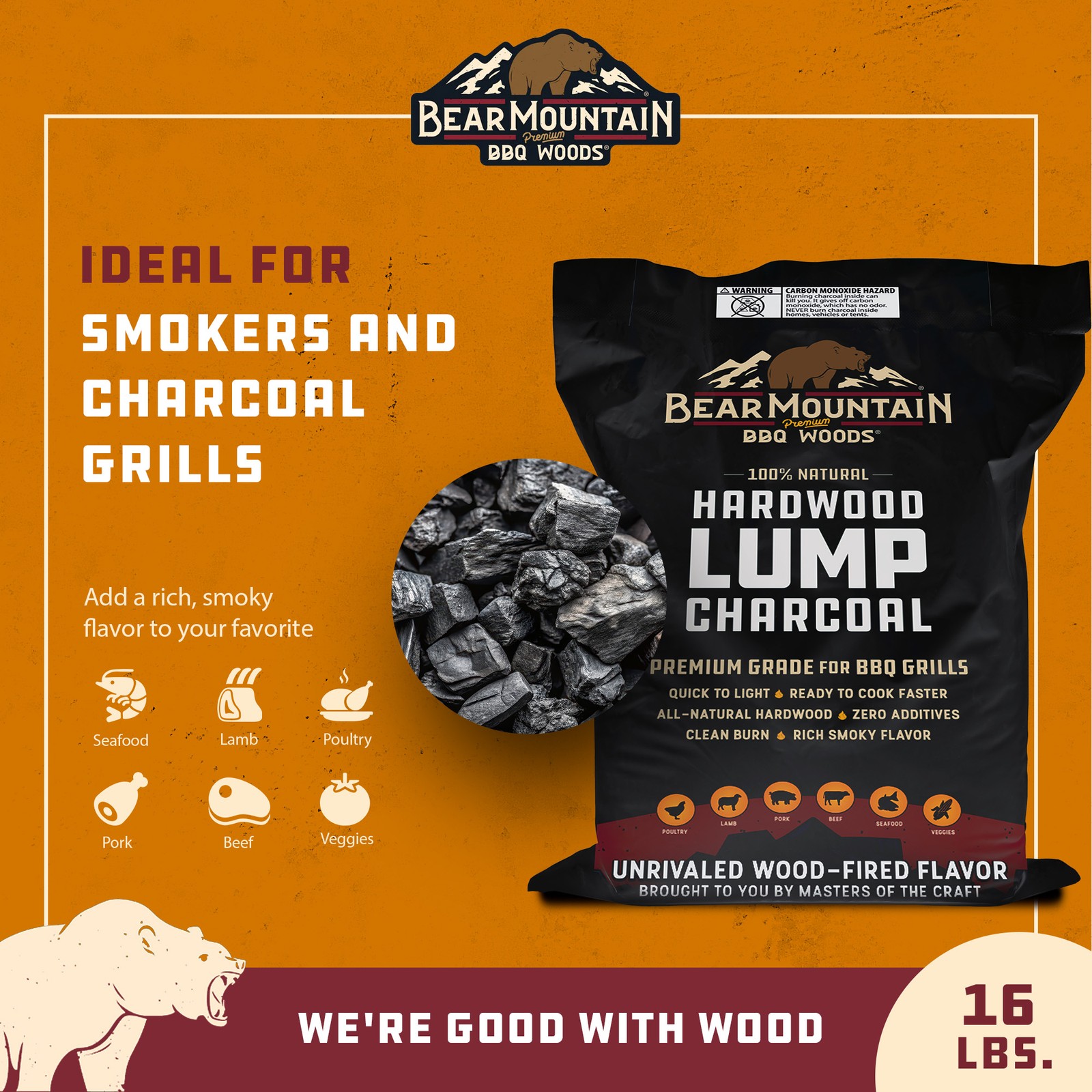 Bear Mountain BBQ Hardwood Lump Charcoal, Premium Grade for BBQ Grills, 8.8 Lbs