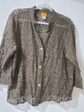 Rubty Rd Size 14 Laser Cut Olive Green Button-Down 3/4-Sleeve Shirt/Jacket