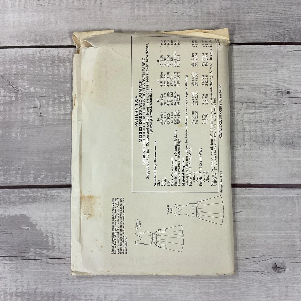 Kwik Sew 1394 Sewing Pattern Dress Jumper Sleeveless Miss Size 14-20 UNCUT - Image 2 of 4