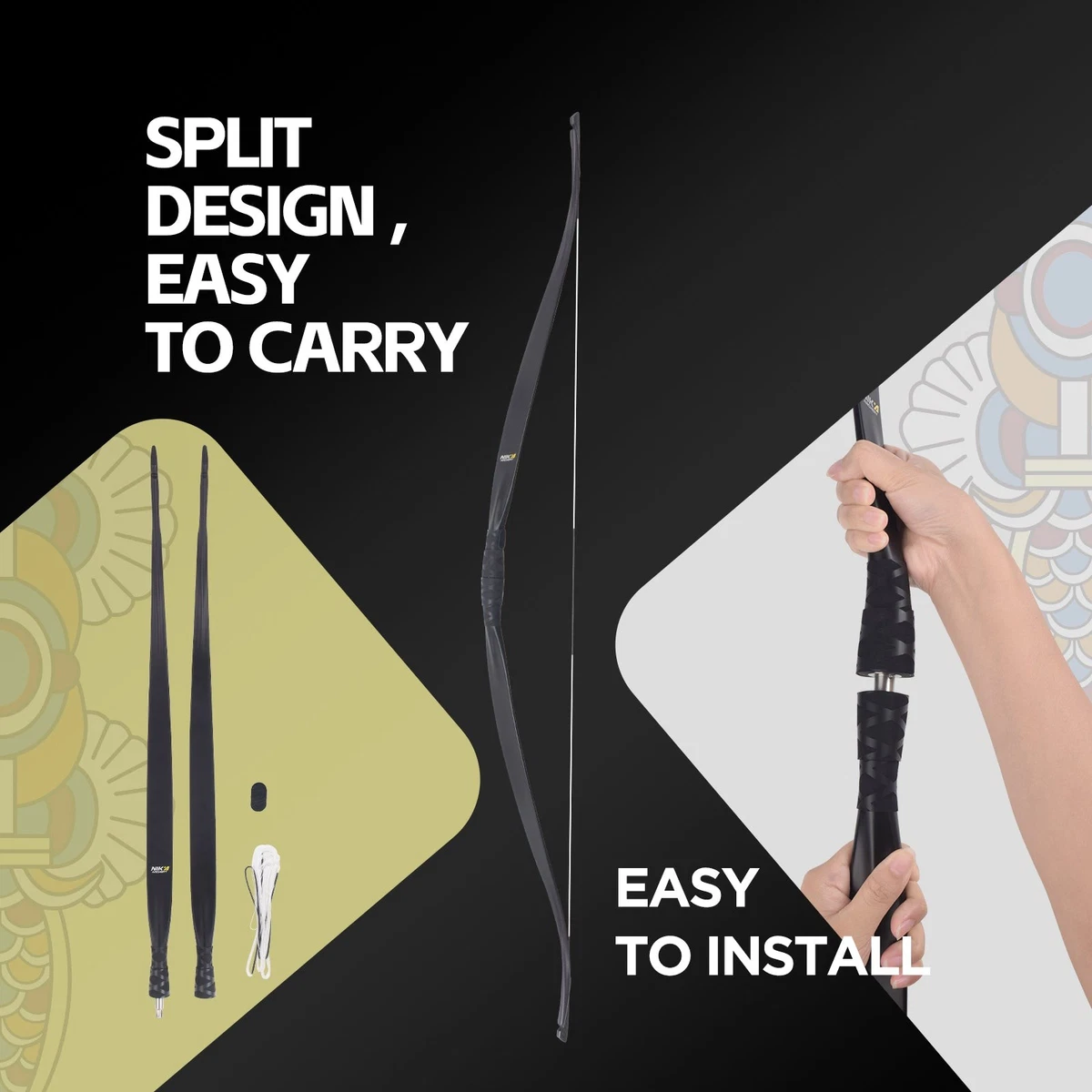 59" Takedown Traditional Longbow Carbon 14-50lbs Archery Bow Hunting ET-16
