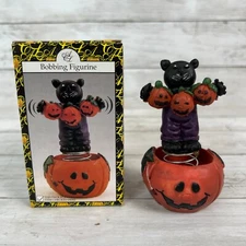 Vtg Artmark Bobbing Figurine Black Cat Pumpkins Decor Halloween Resin 1999