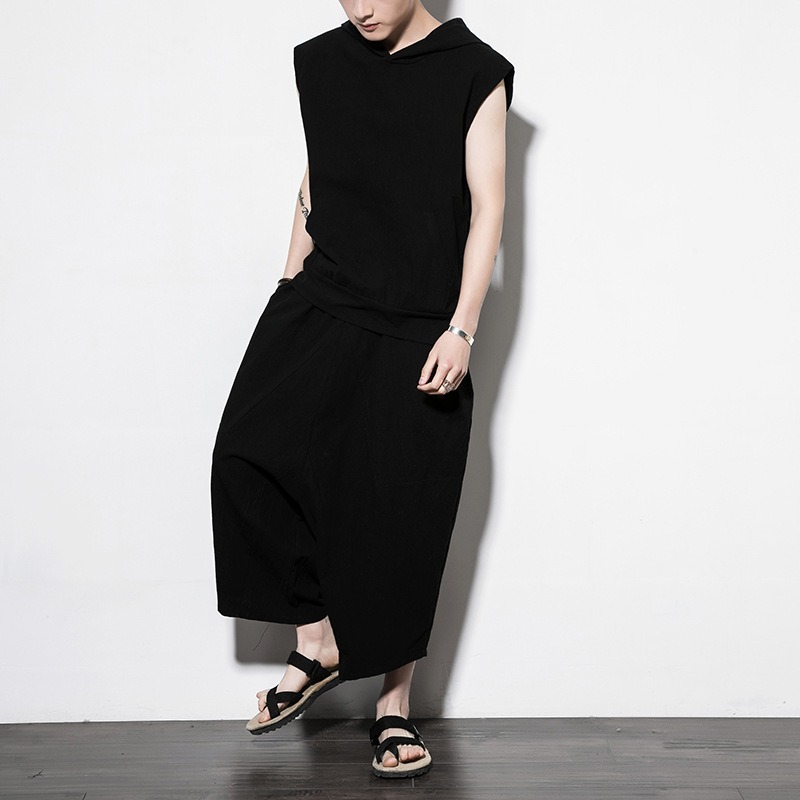 SACAI Pantaloni uomo elasticizzati cotone lino con cappuccio camicia corta scollo baggy per