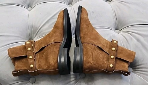 See By Chloé Brown Suede Bootie Gold Stud Buckle Womens Shoes Flat 35 5 NEW $465 - Picture 2 of 13