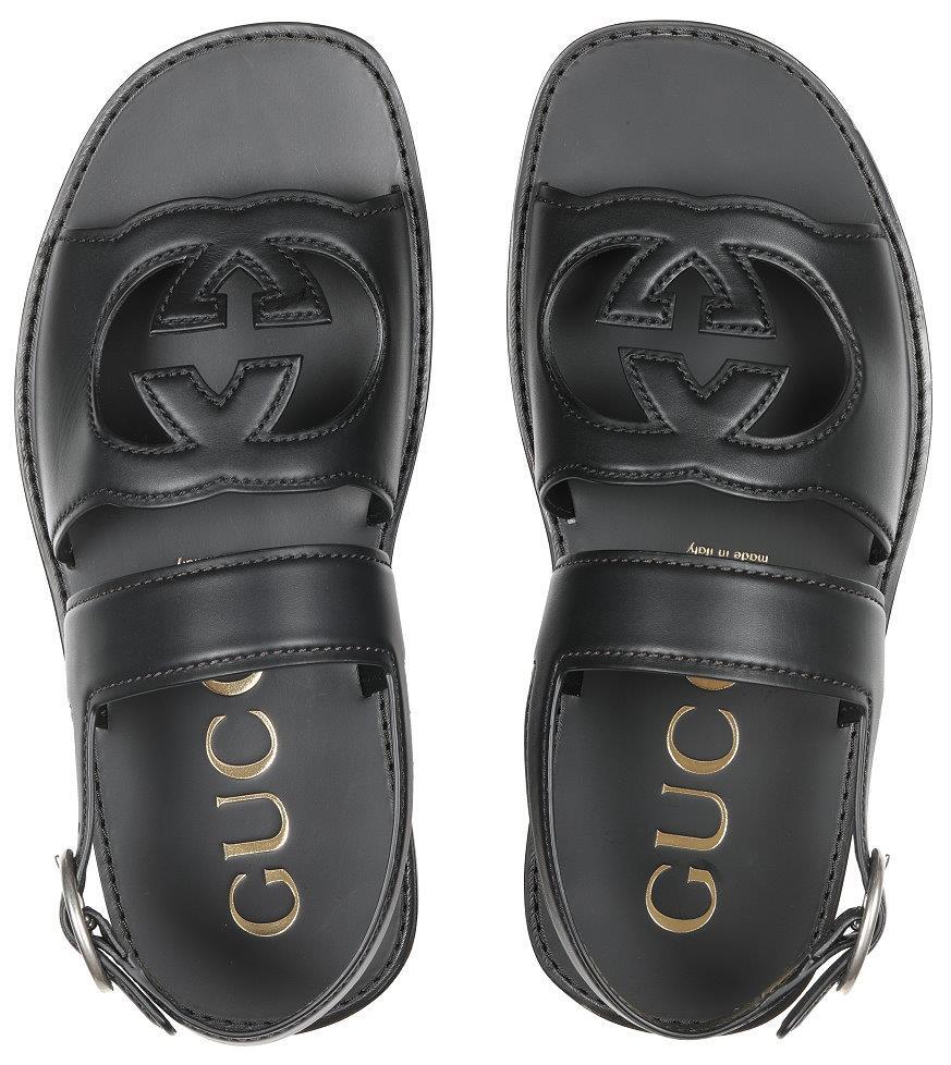 NEW GUCCI LUXURY BLACK LEATHER INTERLOCKING G SANDALS SHOES  display picture 1