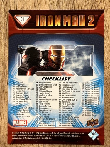 2010 Marvel Upper Deck IRON MAN 2 Checklist #1 - Picture 2 of 2