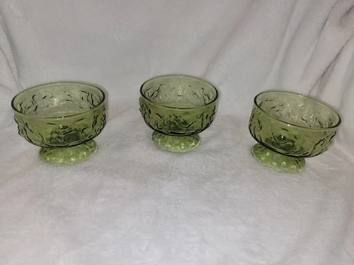 3 Vintage Anchor Hocking Lido Milano  Avocado Green Glass Dessert Dishes