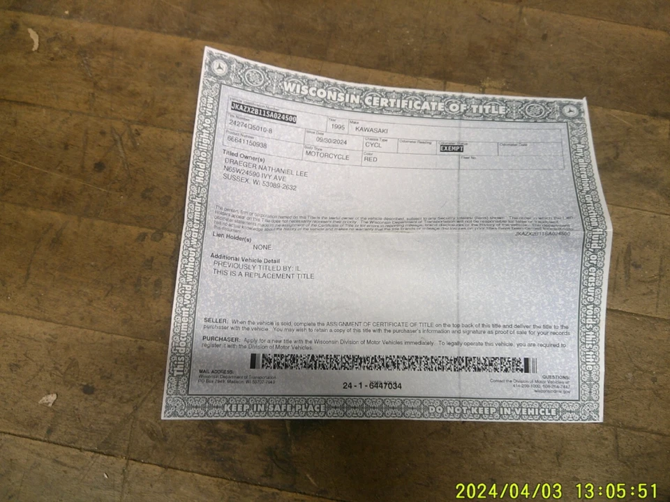 Cuadro KAWASAKI NINJA 95 zx9R CHASIS LIMPIO CON PAPELES RTR Foto 2 de 4