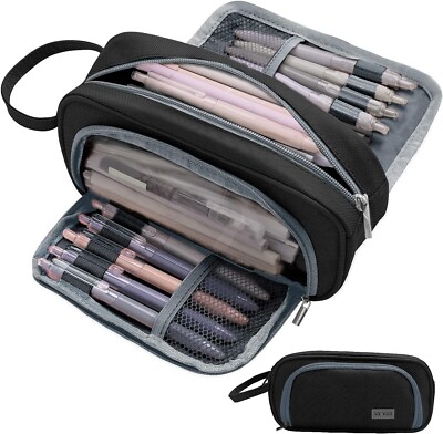 Large Pencil Case Pouch Pen Zipper Bag Student School Make Up Organizer Black
