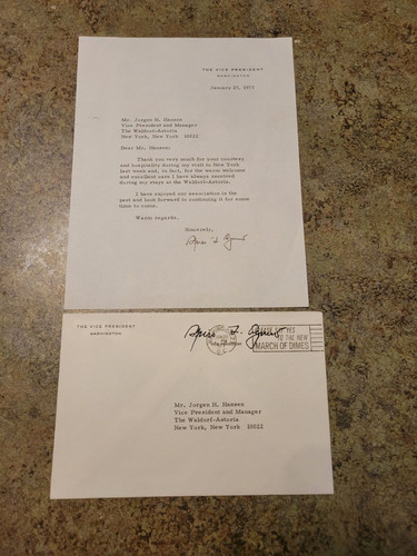 Rare Signed VP SPIRO AGNEW Personal Letter & Envelope to Waldorf Astoria Mgr