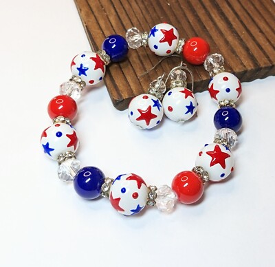 4th of July Bracelet Earring set RWB Stars Beaded Stretch Bracelet Earrings