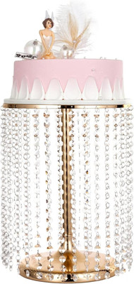 Round Metal Cake Stand with Crystal Pendants and Beads, 12 Inch Gold Cake Decora
