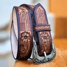 Western Belt Cowboy Full Grain Leather Tooled With Removable Buckle 1-1/2" Wide