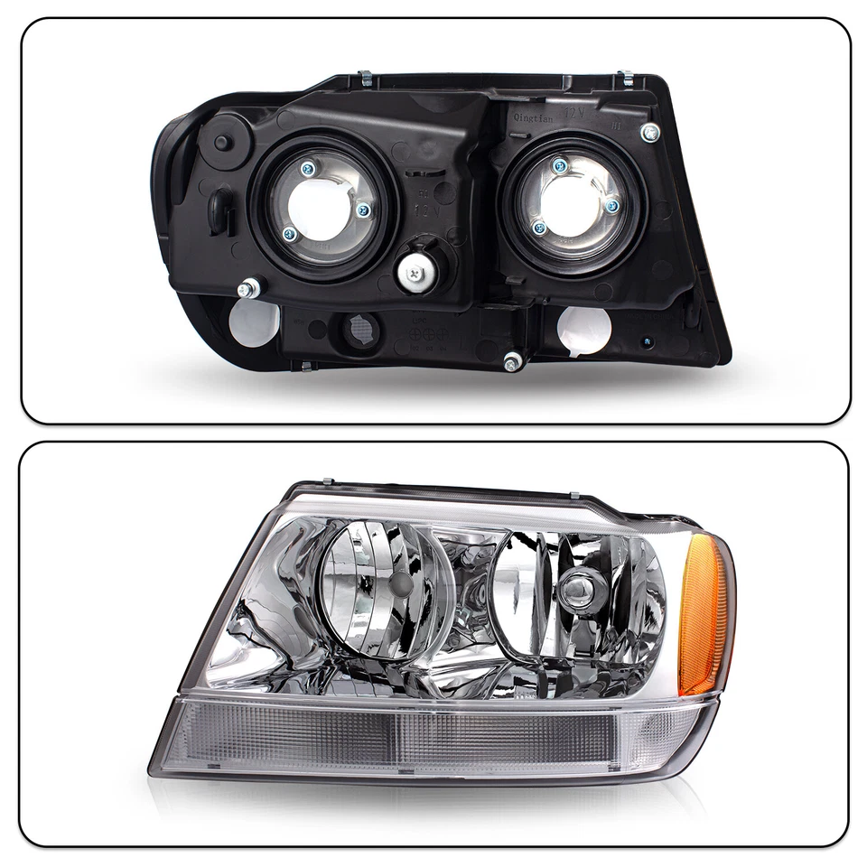 For 1999-2004 Jeep Grand Cherokee Chrome Headlights Amber Corner Headlamps Pair - Image 4 of 4