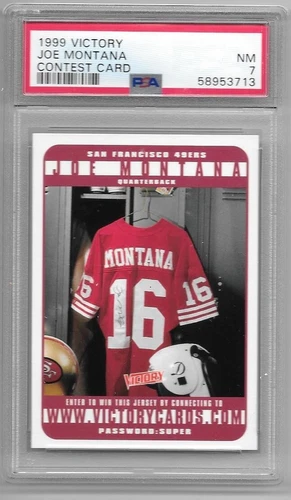 Joe Montana 1999 Upper Deck Victory Jersey Entry Card Graded Near Mint PSA 7