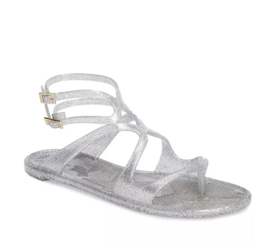 NIB Jimmy Choo Lance Silver Metallic Glitter Rubber Jelly Sandals 7 37 New
