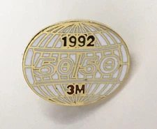 1992 3m Company 50/50 Globe Shaped Lapel Pin Metal & Enamel Vintage Badge