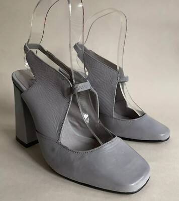 Topshop Vintage 1980s Light Grey Leather Inch Block Heel Sling Back Shoe  UK UK
