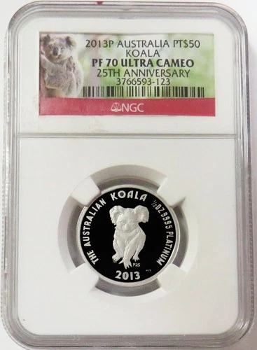 2013 P PLATINUM AUSTRALIA $50 KOALA 1/2oz 25TH ANNIV NGC PF 70 UC