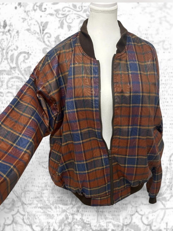 Claudius Vintage unisex  Plaid Bomber Jacket Zip up Stand-Up collar 80’s