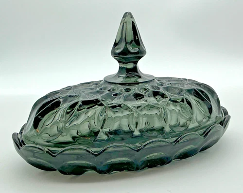 Vintage Anchor Hocking Fairfield Smokey Gray Glass Oval Covered Butter Dish 7 in