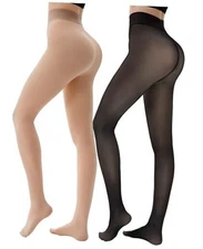  2 Pairs Fleece Lined Tights Women - Warm Small Fake Translucent Black+nude