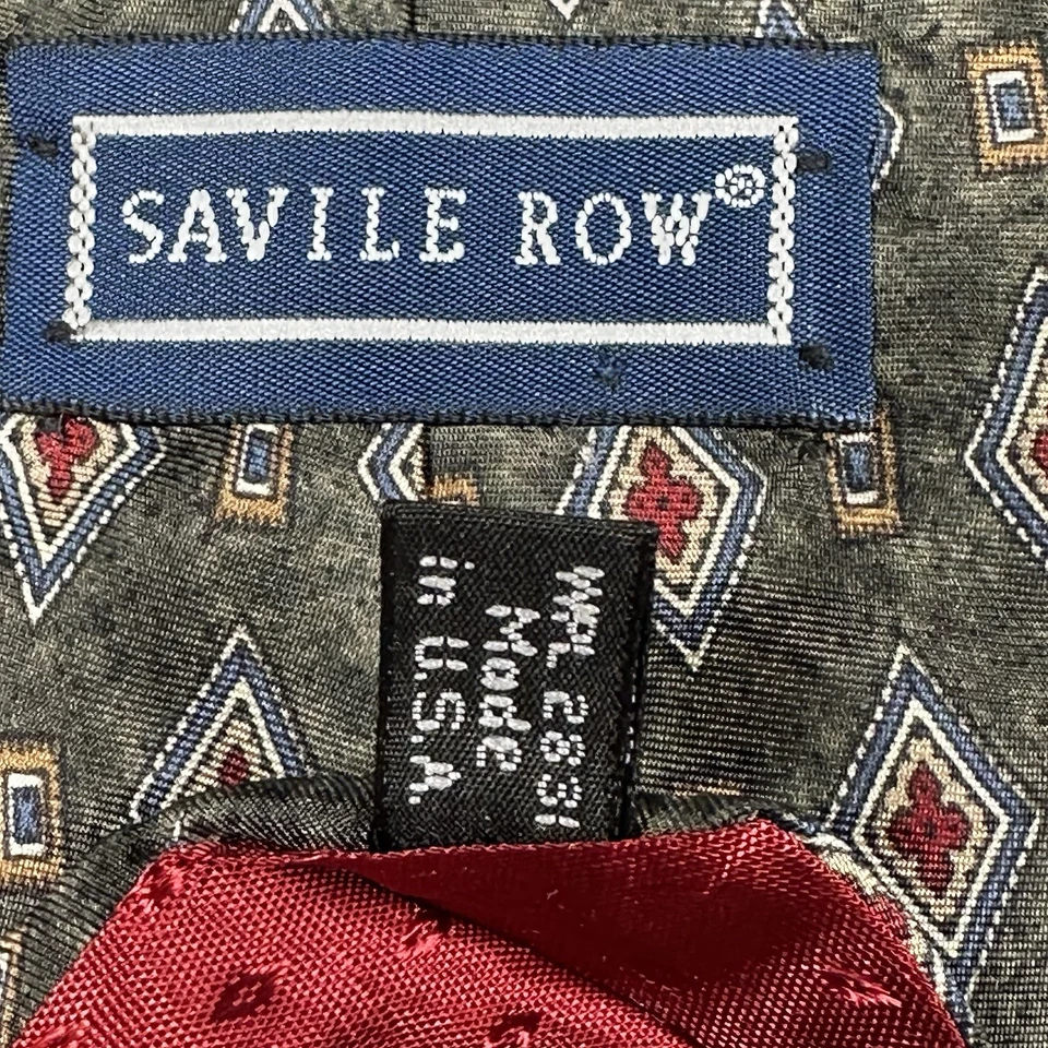 Vintage Savile Row Silk Tie Geometric Diamond Print Green/Red 100% Silk USA - Image 4 of 4