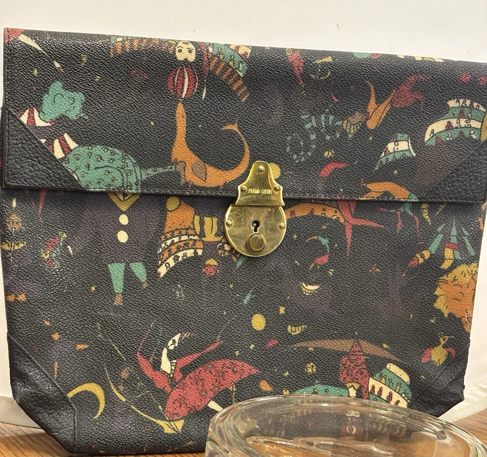 Vintage Piero Guidi Black Multi Magic Circus Envelope CLUTCH Leather Accents - Image 3 of 4
