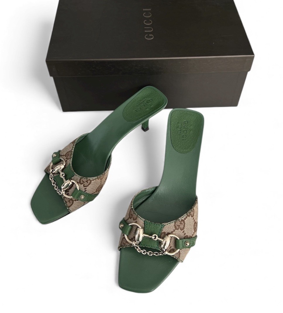 Gucci by Tom Ford Green GG Monogram Horsebit Mules / US 6 1/2