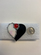 HANDMADE STAIN GLASS HEART BROOCH MOTHER OF PEARL AND BLACK / RED STONE B7-48