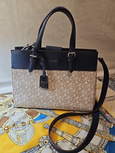 DKNY Banks Satchel Bag Chino Navy Monogram Jacquard Crossbody Handbag