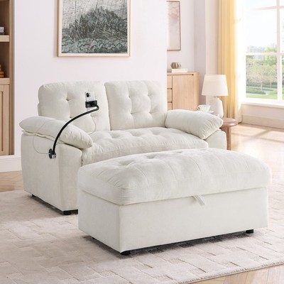 Modern Chenille Loveseat Set w/ Reclining Chaise & Storage Ottoman Small Space