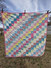Handmade Patchwork Tied Baby Or Lap Quilt Grannycore 42 X 42" Polyester Rainbow