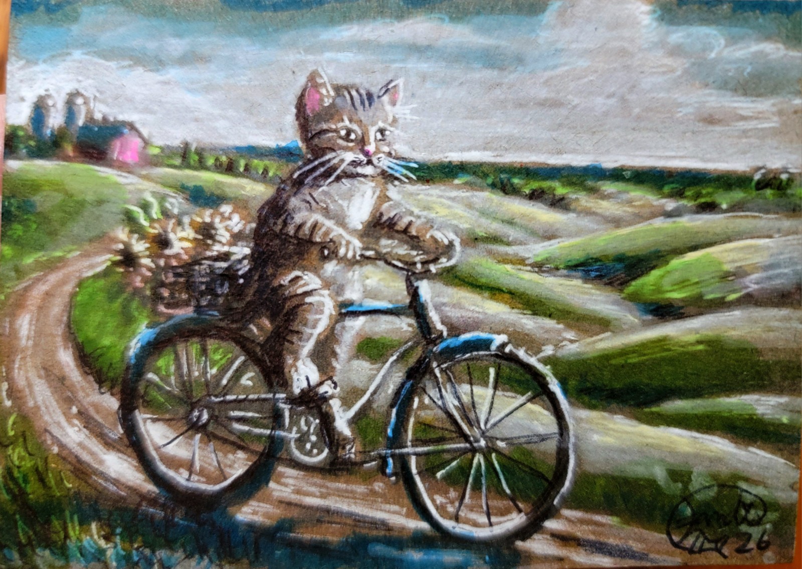 Jacob Landis HANDMADE Painting art Card ACEO Kitten Bicycle "The Flower Delivery