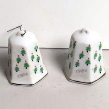 Vintage 1984 Lillian Vernon Porcelain Bell Christmas Ornaments Cabin Pair of 2