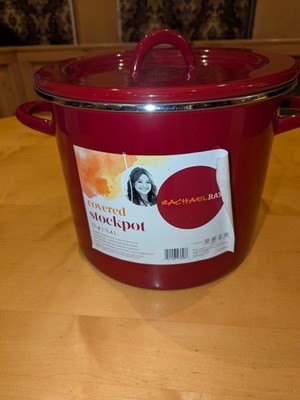 RACHAEL RAY COVERED RED STOCKPOT ENAMEL ON STEEL WITH LID - 12 QUART. 