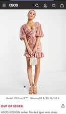 ASOS DESIGN Velvet Flocked Spot Mini Dress w/ Puff Sleeve & Belt in Pink Size 6