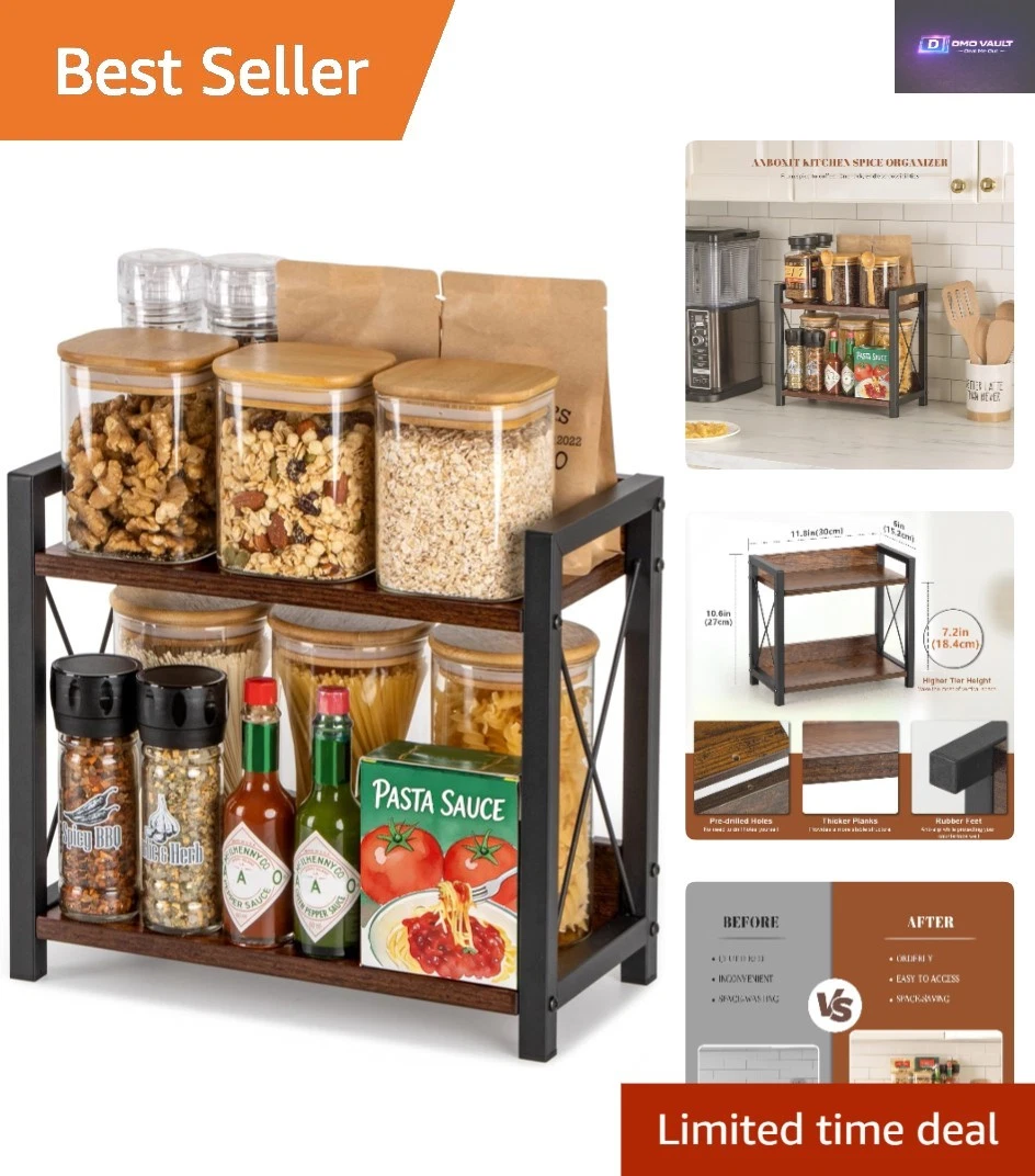 Elegant 2-Tier Small Spice Rack for Kitchen Countertop - Rustic Brown Finish
