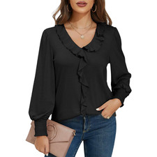 Blusa da Donna Scollo a V Maniche a Sbuffo Elegante Vintage Maglia Nera M Casual