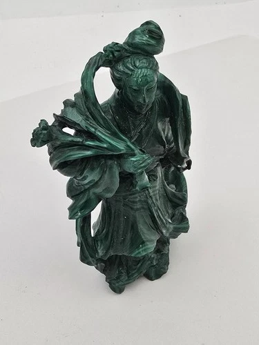 200G Carved Malachite Statue CHIPPED Asian Person Figure Green Stripe Stone