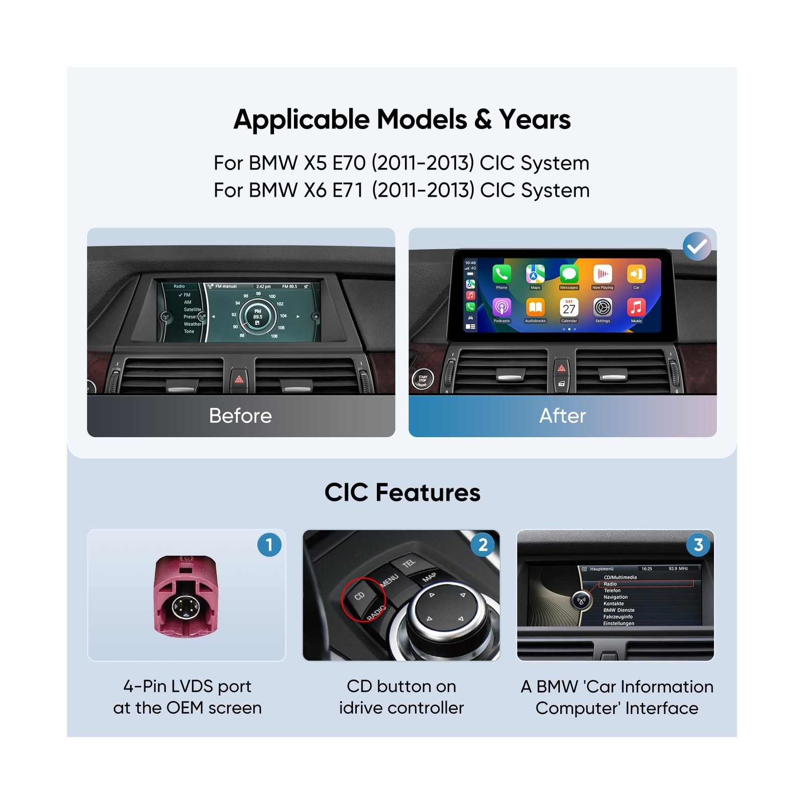 12.3 Inch Car Stereo for for BMW X5 E70 X6 E71 (2011-2013) CIC System, Wirele...