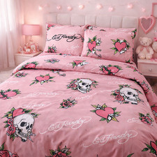 Ed Hardy FULL 6-Piece Sheet Set Americana Tattoo Skull Rose Heart Print NWT Pink