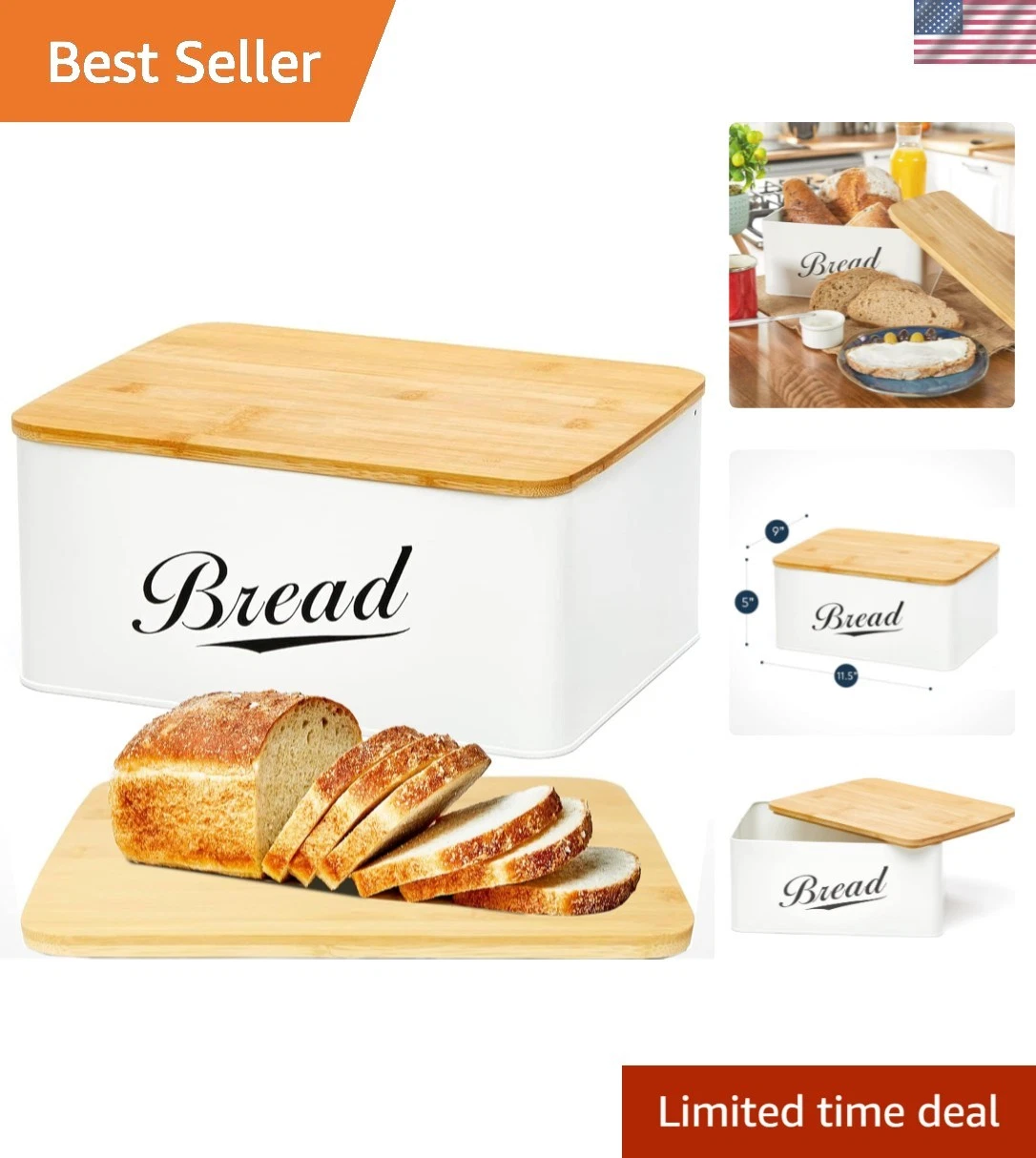 Elegant Metal Bread Box with Bamboo Cutting Board Lid - Vintage Kitchen Decor