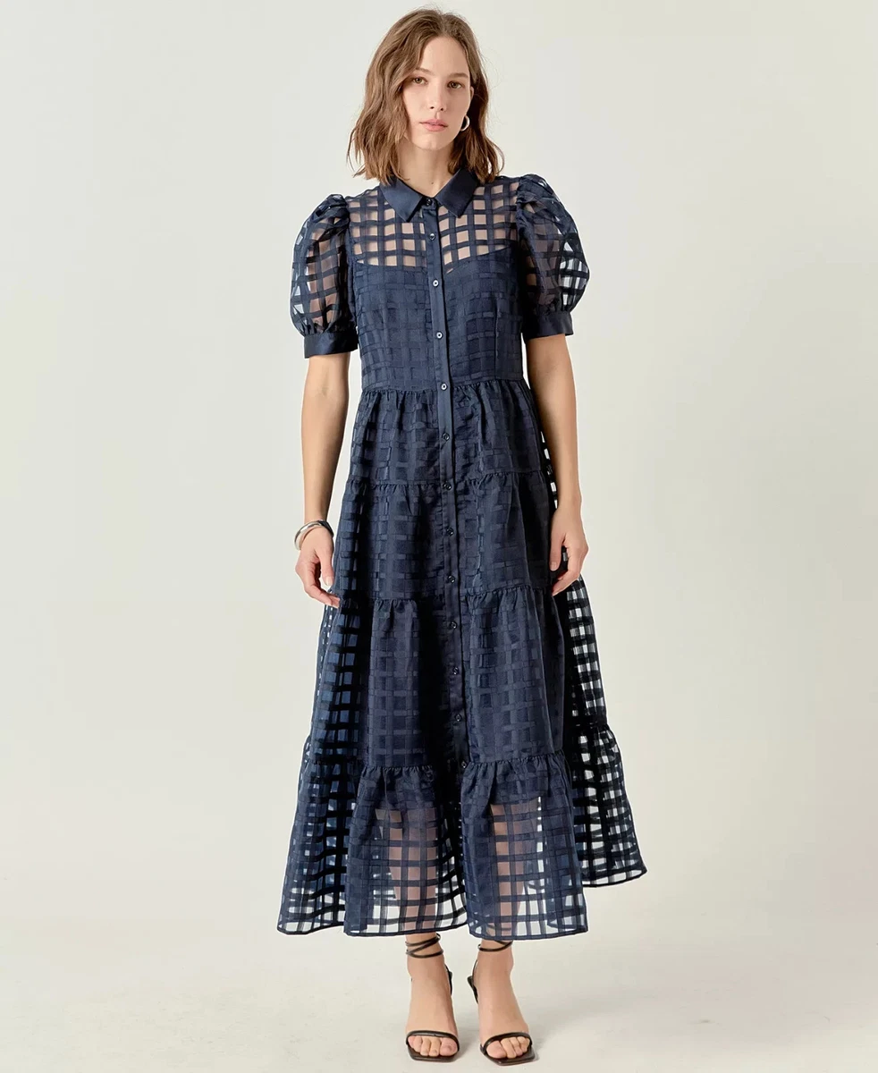 english factory blue medallion floral estelle scalloped dress Floral Scallop Edge Puff Sleeve Midi Dress English Factory