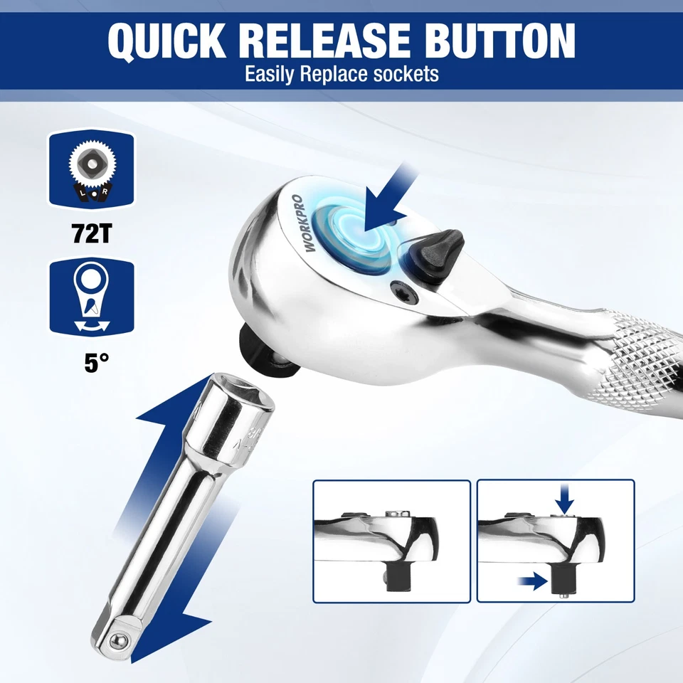 WORKPRO Stubby Ratchet Bit Driver Set 16PC 3/8" 1/4" Drive Ratchet Handle Wrench - Image 3 of 4