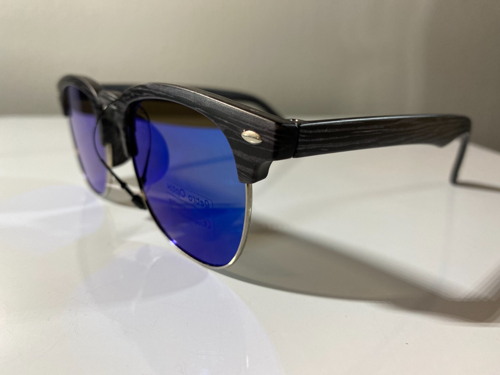 Vintage 60s Wood-Frame Sunglasses with Blue Mirror Lenses